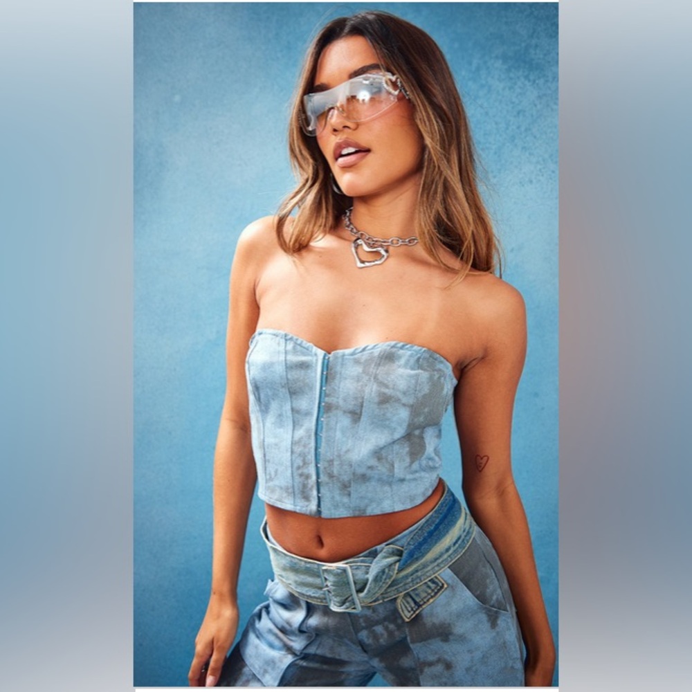 Blue Washed Twill Paneled Cargo Bandeau Corset